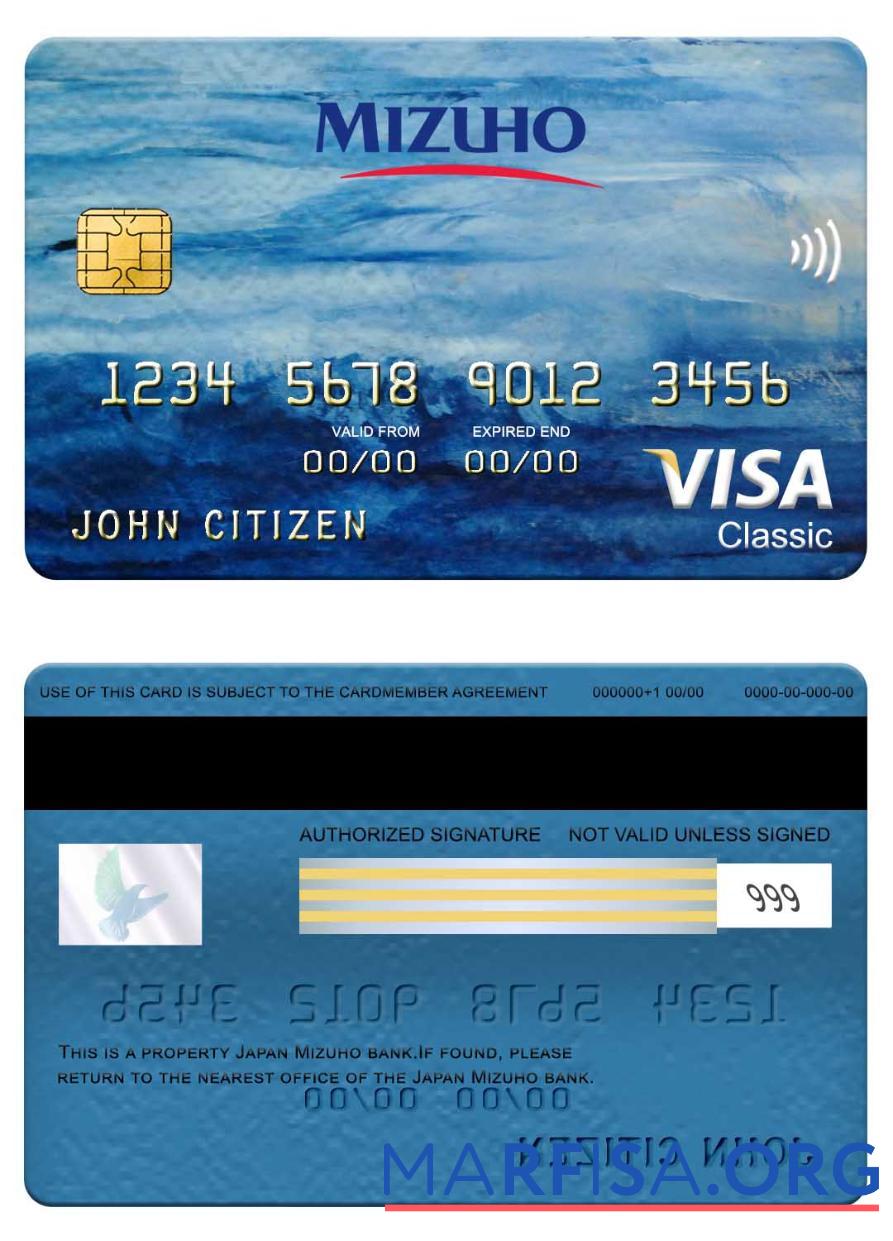 Realistic Japan Mizuho bank visa classic card example